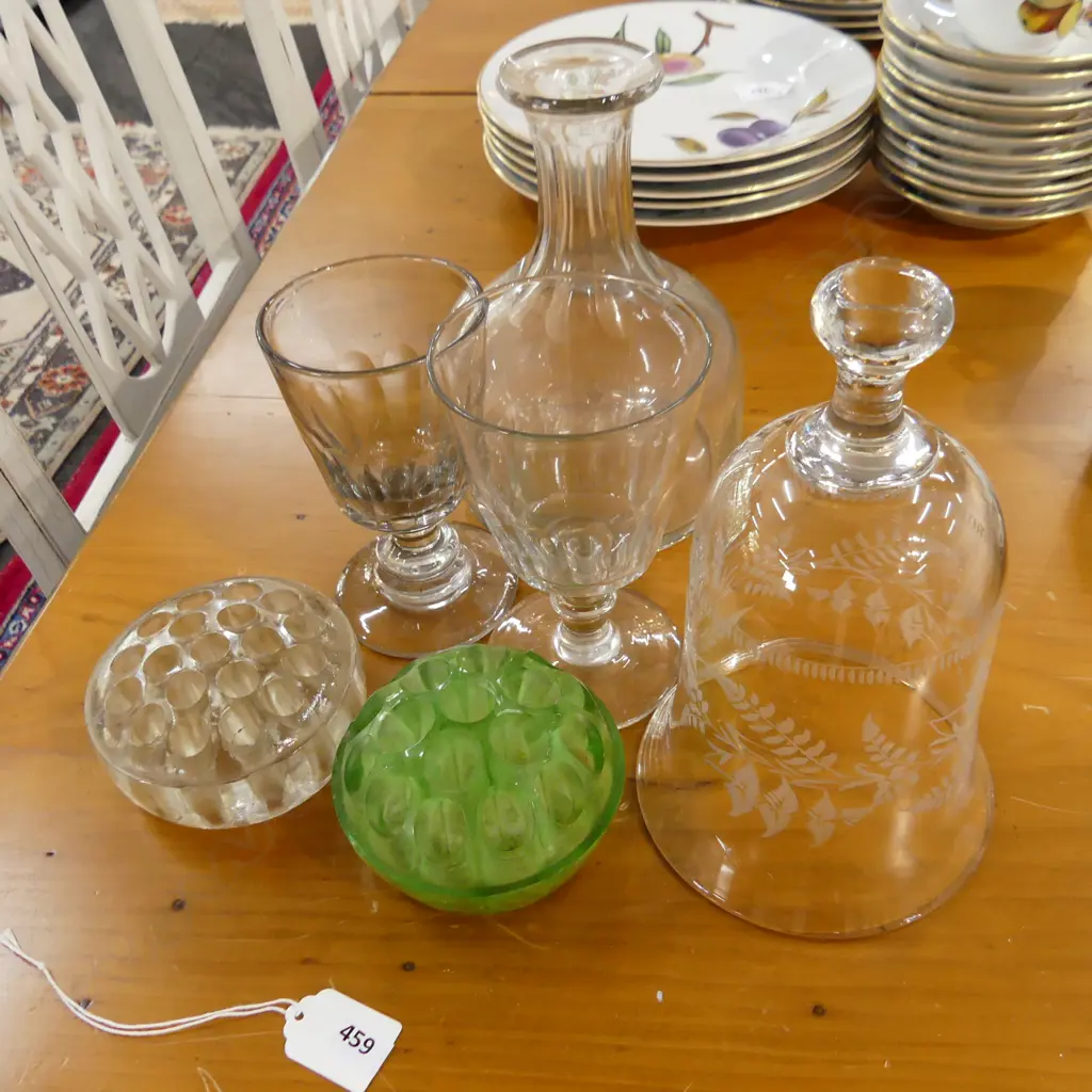 6 PCES VINTAGE GLASS; 2 FROGS, 2 GOBLETS, CARAFE, ETCHED CLOCHE H.210mm Image 1++