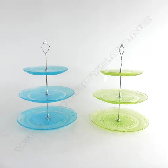 PAIR 3 TIER PRESSED GLASS CAKE STANDS IN GREEN & BLUE COLOURWAYS H. 340mm