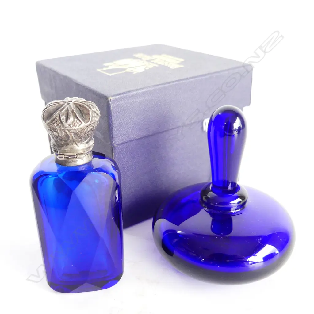 2 BRISTOL BLUE GLASS PCS, BOXED INK BOTTLE (H.60mm) & PERFUME BOTTLE (H.75mm) Image 1++