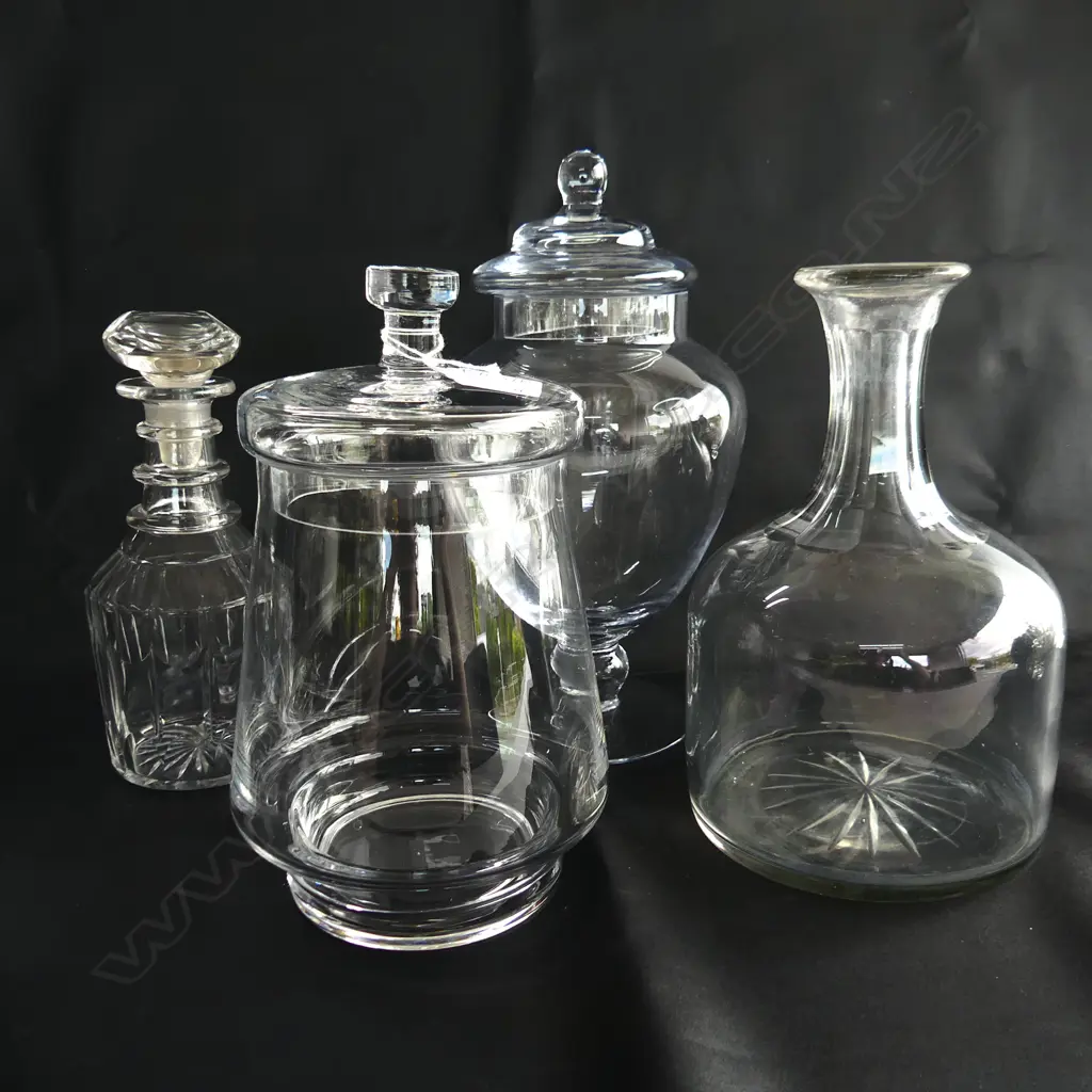 4 PCES GLASS; 2 LIDDED CANDY JARS H.300mm, DECANTER, CARAFE Image 1++