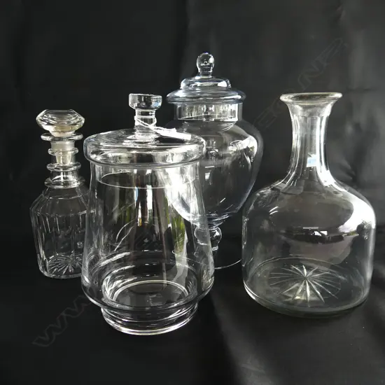 4 PCES GLASS; 2 LIDDED CANDY JARS H.300mm, DECANTER, CARAFE