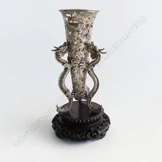 ORIENTAL SILVER PLATE DRAGON VASE ON CARVED WOODEN STAND H.240mm