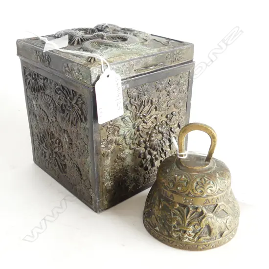JAPANESE METAL TEA CADDY (H.120mm) & ANTIQUE BRASS BELL (H.80mm)