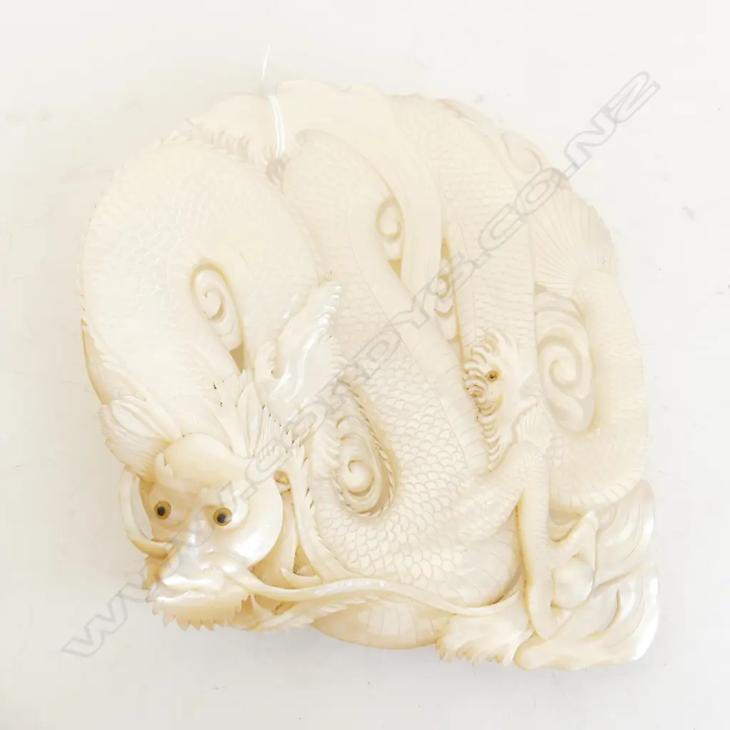 CHINESE HEAVILY CARVED & RETICULATED OYSTER SHELL AS DRAGON .180X180mm Image 1++