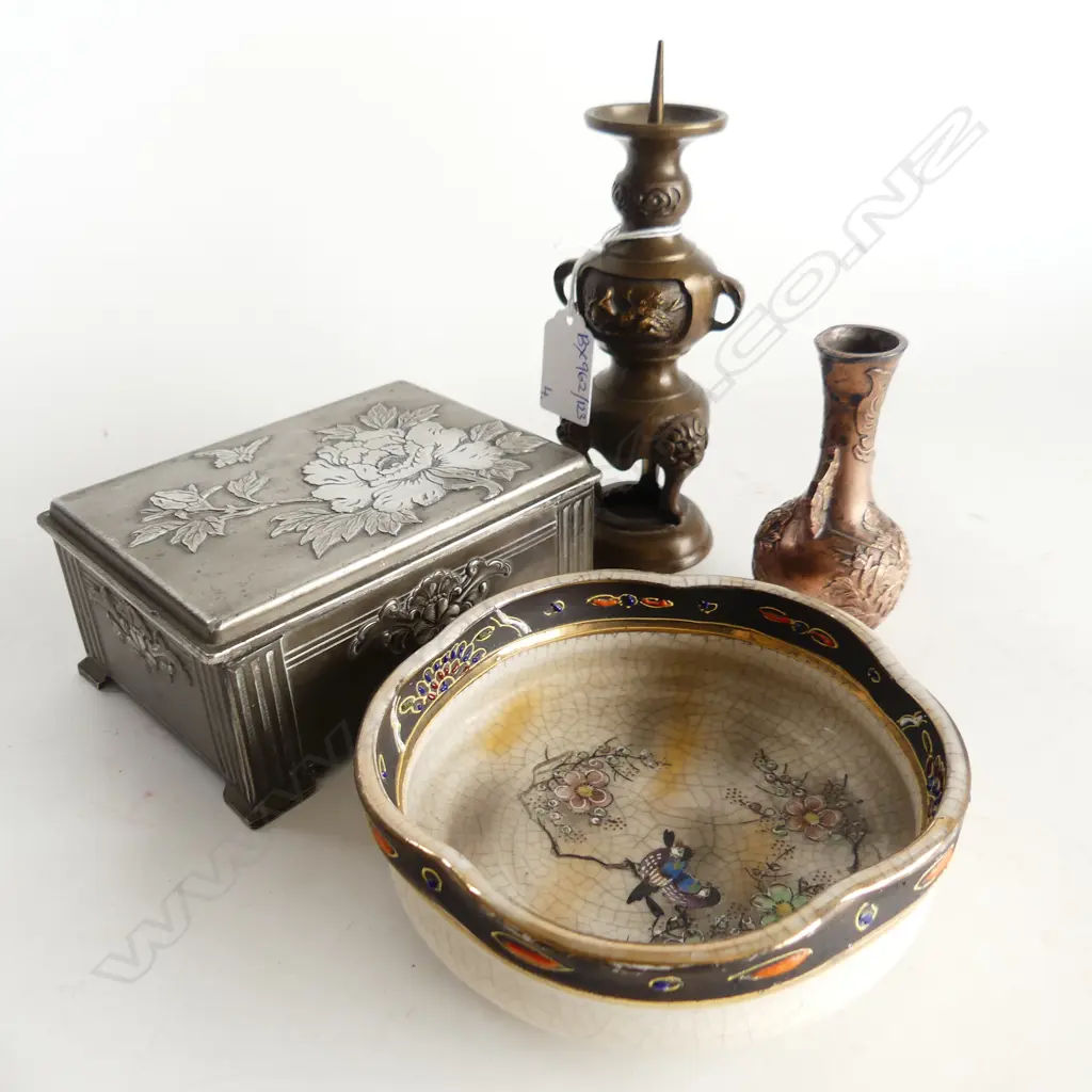 4 ORIENTAL PCES; EP BOX W.130mm, PRICKET CANDLESTICK, VASE, SATSUMA BOWL Image 1++
