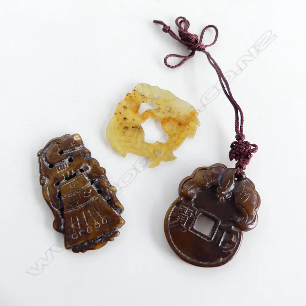 3 LG CARVED JADE PENDANTS  Image 1++