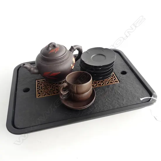 ORIENTAL TEA SET & TRAY 295x395mm; ZISHA TEAPOT, 2 CUPS, 8 SAUCERS