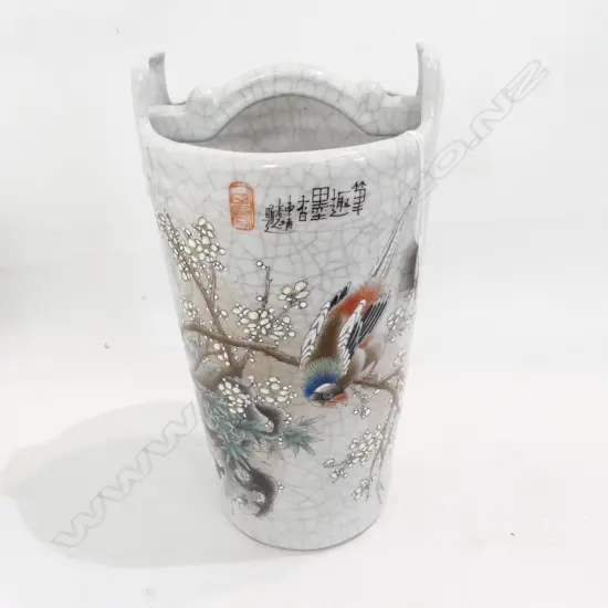 VINTAGE JAPANESE CELEDON GLAZE VASE, POLYCHROME ENAMEL IMAGERY, H.310mm