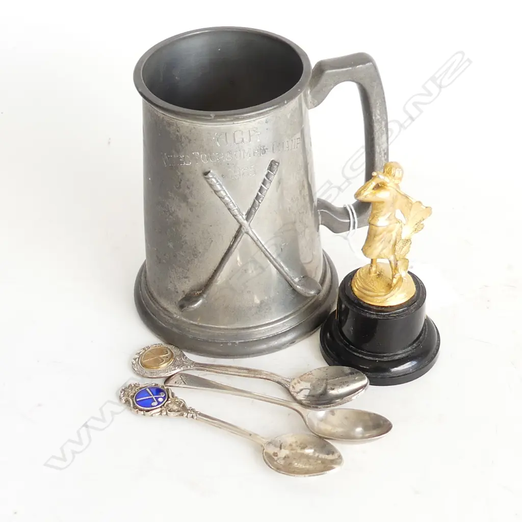 PEWTER GOLFING MUG H.135mm, TROPHY & 3 SPOONS (1 STG) Image 1++