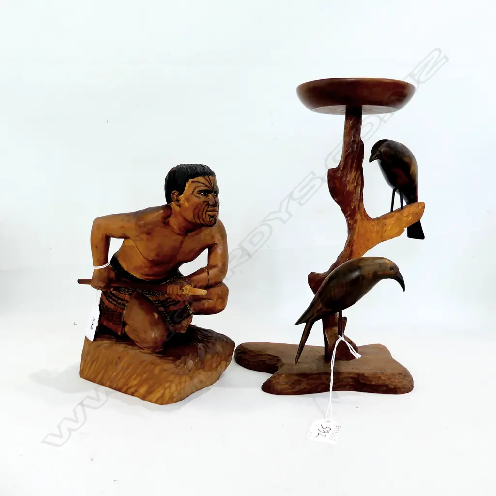CARVED MAORI FIGURE REPAIR TO ARM H210MM &CARVED WOOD NATIVE BIRDS ON BRANCH H290MM Image 1++