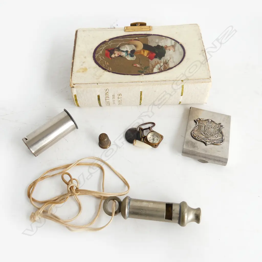 VINTAGE 'BOOK' CONTAINER & COLLECTABLE CONTENTS INCL POCKET COMPASS, 1940 WHISTLE, MIDGET COIN BOX ETC.. Image 1++