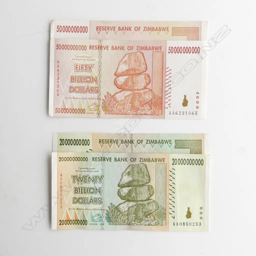 4 VINTAGE ZIMBABWE NOTES; 2 X $20 MILLION, 2 X $50 MILLION (NOT IN CIRCULATION) Image 1++