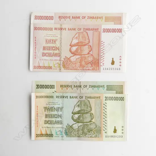 4 VINTAGE ZIMBABWE NOTES; 2 X $20 MILLION, 2 X $50 MILLION (NOT IN CIRCULATION)