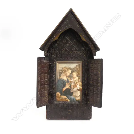 ANTIQUE TOOLED MOROCCAN LEATHER TRAVEL ALTAR, H.280mm