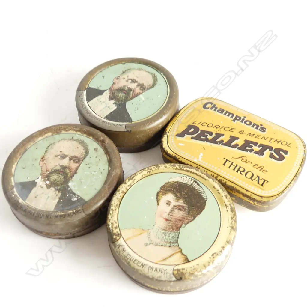 4 SMALL ANTIQUE TINS; 2x M. POINCARE, QUEEN MARY, CHAMPIONS PELLETS W.55mm Image 1++