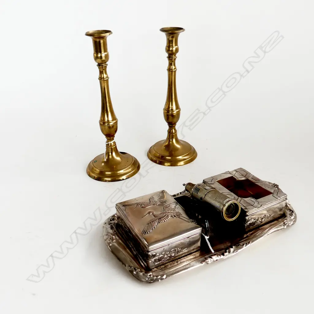VINTAGE JAPANESE SILVER PLATE DESK SET, CANON, PR BRASS CANDLESTICKS H.235mm Image 1++