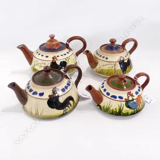 4 TORQUAY WARE TEAPOTS ROOSTER MOTIF