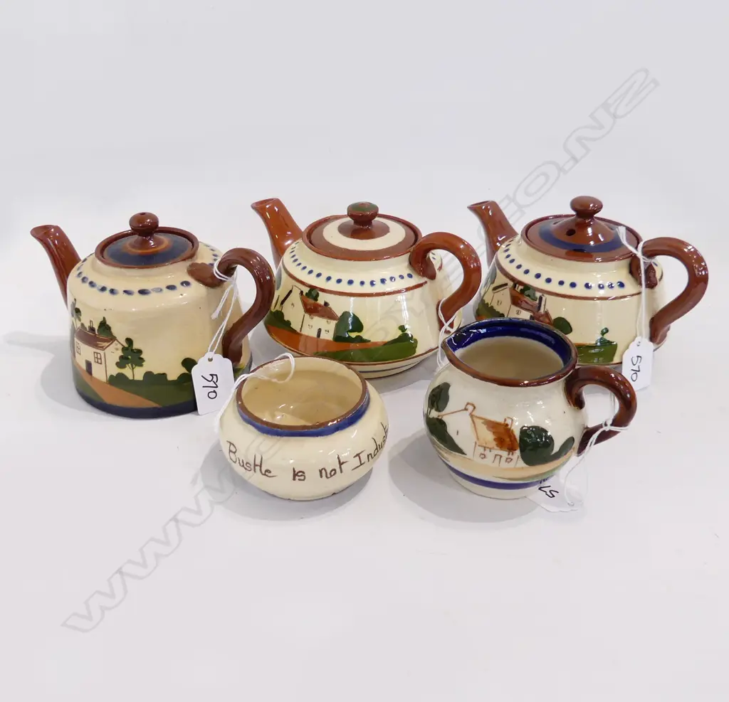 5 PCS TORQUAY WARE - COTTAGE MOTIF, 3 TEAPOTS & SUGAR & MILK Image 1++