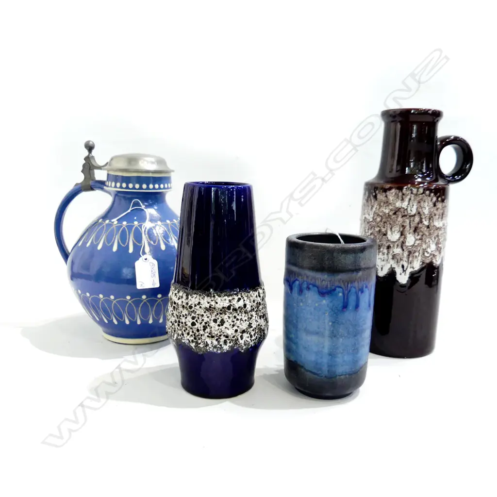 4 PCS VINTAGE WEST GERMAN POTTERY, 3 BLUE GLAZED 1 (LIDDED), 1 BROWN & WHITE GLAZE Image 1++