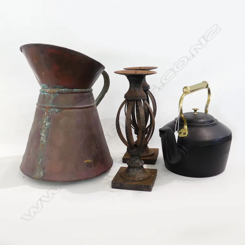 CAST IRON KETTLE, COPPER JUG, PR METAL CANDLESTICKS Image 1++