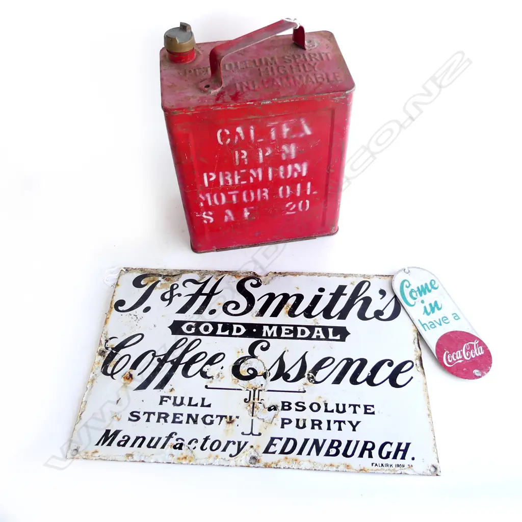 OLD CALTEX OIL TIN + old ENAMEL COFFEE SIGN 305X450mm & SMALL COKE TIN SIGN 200X80mm Image 1++