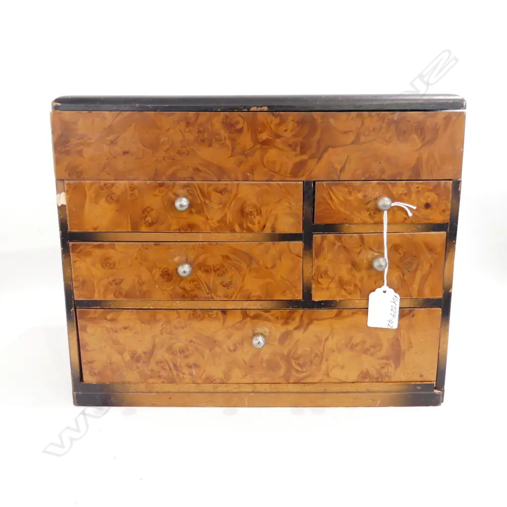 VINTAGE JAPANESE SEWING BOX exotic burr timber front H.265mm. Small chip to edge Image 1++