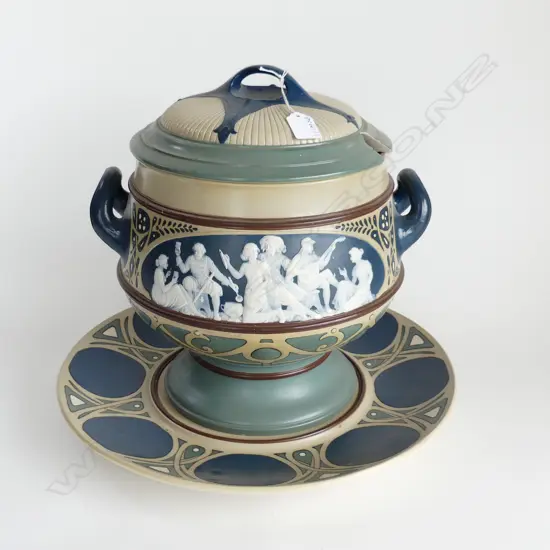 LG JUGENDSTIL METTLACH POTTERY LIDDED CROCK w. BASE PLATE H.350mm / 420mm dia