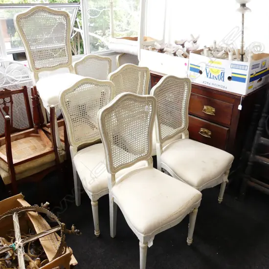 8 WHITE DINING CHAIRS; CANE BACK AF