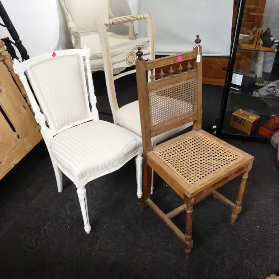 3 DINING CHAIRS; 2 WHITE FRENCH STYLE & EDWARDIAN CANE