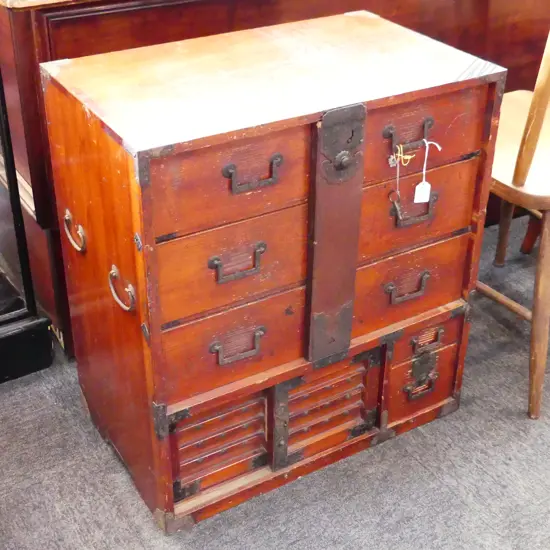 ANTIQUE ORANGE LACQUER SHINKEI-NURI TAKAYAMA MERCHANT CHEST SECRET COMPARTMENT H685mm