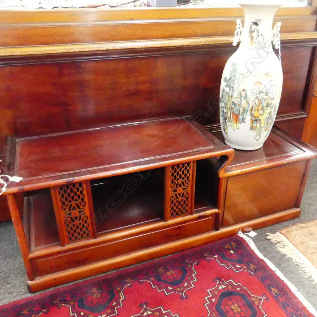 QUALITY JAPANESE LOW VASE DISPLAY CABINET W.1216mm. Dark stained rosewood? Image 1++