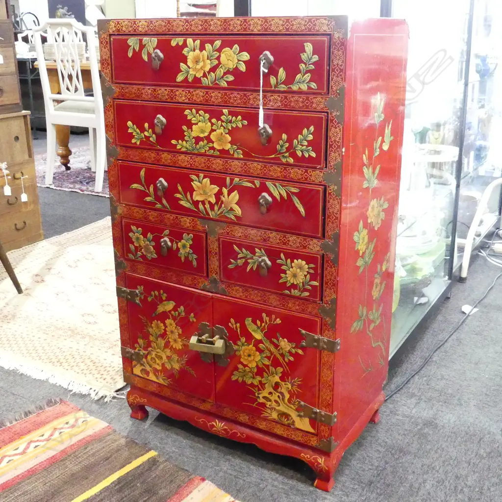 PRETTY FLORAL CABINET H.955mm 5 drawer pr doors red lacquer w painted florals & gilt Image 1++