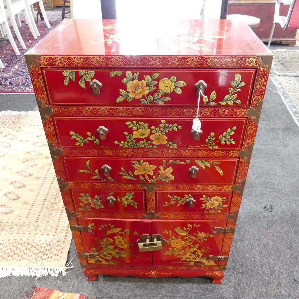 PRETTY FLORAL CABINET H.955mm 5 drawer pr doors red lacquer w painted florals & gilt Image 1++
