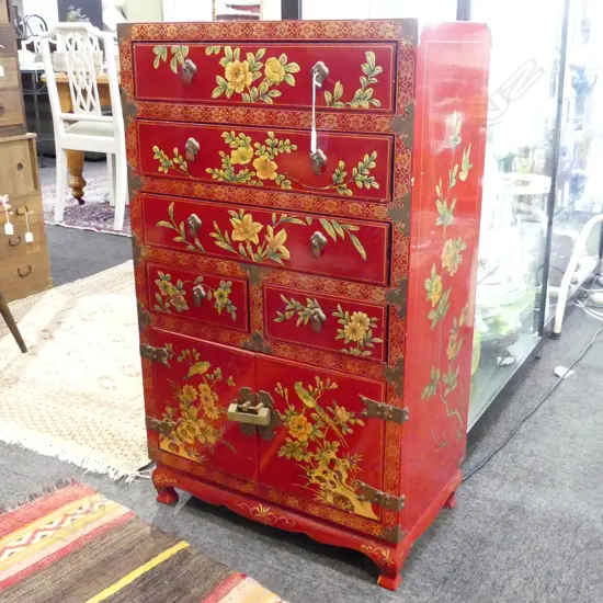 PRETTY FLORAL CABINET H.955mm 5 drawer pr doors red lacquer w painted florals & gilt