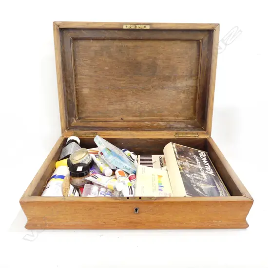 VINTAGE OAK BOX w. ASST ART MATERIALS W.480mm