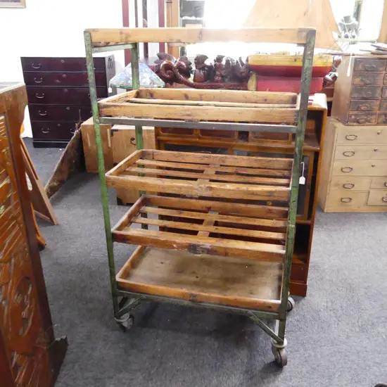 VINTAGE WOODEN SHELF RACK; GREEN PAINTED METAL FRAME 730x390x1285mm