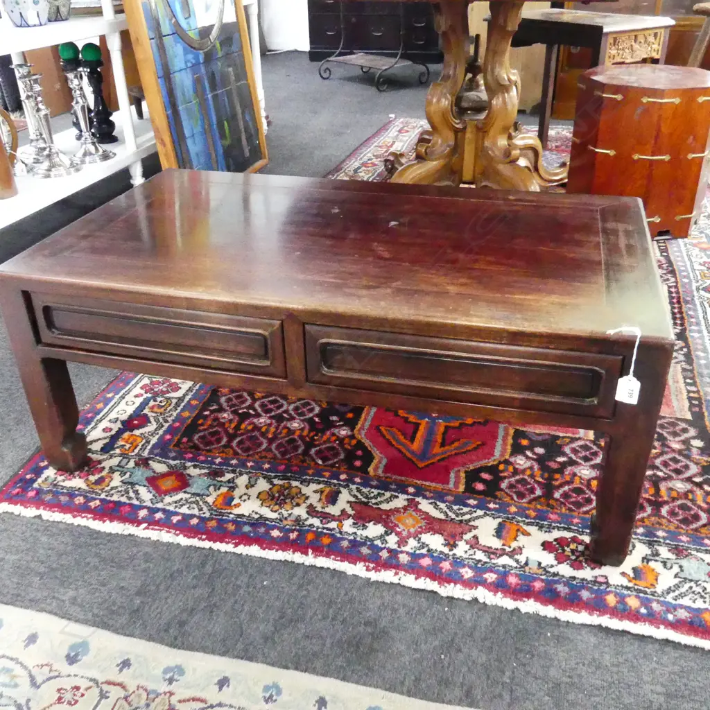 LOW 2 DRAWER CHINESE HARDWOOD TABLE H350MM L900MM W510MM Image 1++