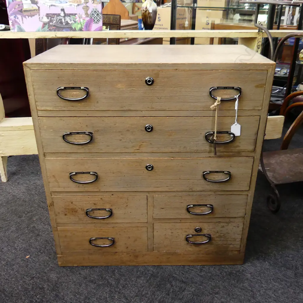 JAPANESE SMALL TANSU CHEST 7 drawer limed finish H.650mm Image 1++