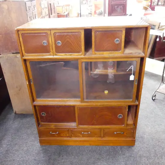 VINTAGE JAPANESE GLASS DOOR DISPLAY CABINET H.970mm