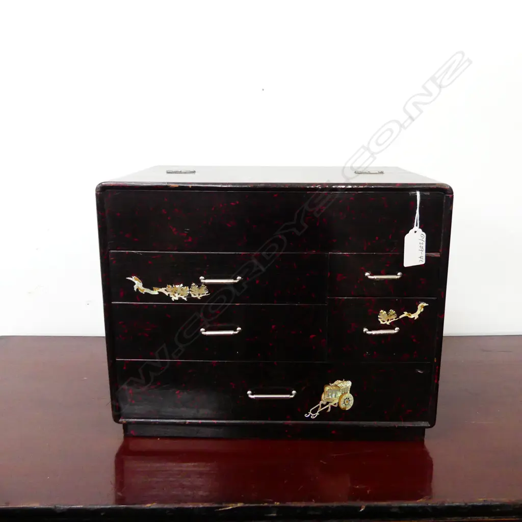 VINTAGE JAPANESE SEWING BOX dark red & black lacquer H.270mm Image 1++
