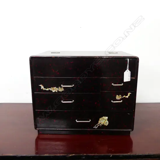 VINTAGE JAPANESE SEWING BOX dark red & black lacquer H.270mm