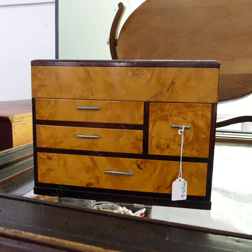 VINTAGE JAPANESE SEWING BOX burr timber front H.225mm Image 1++