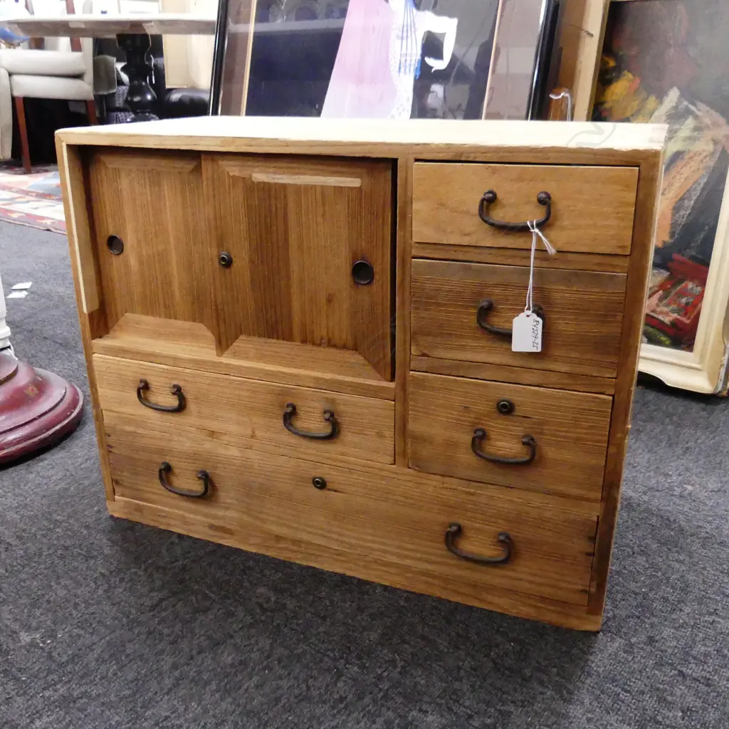 JAPANESE SMALL TANSU CHEST 5 drawer + pr doors natural finish H.460mm. Image 1++