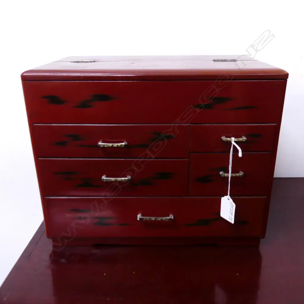 VINTAGE JAPANESE SEWING BOX  red tortoiseshell type lacquer H.260mm Image 1++