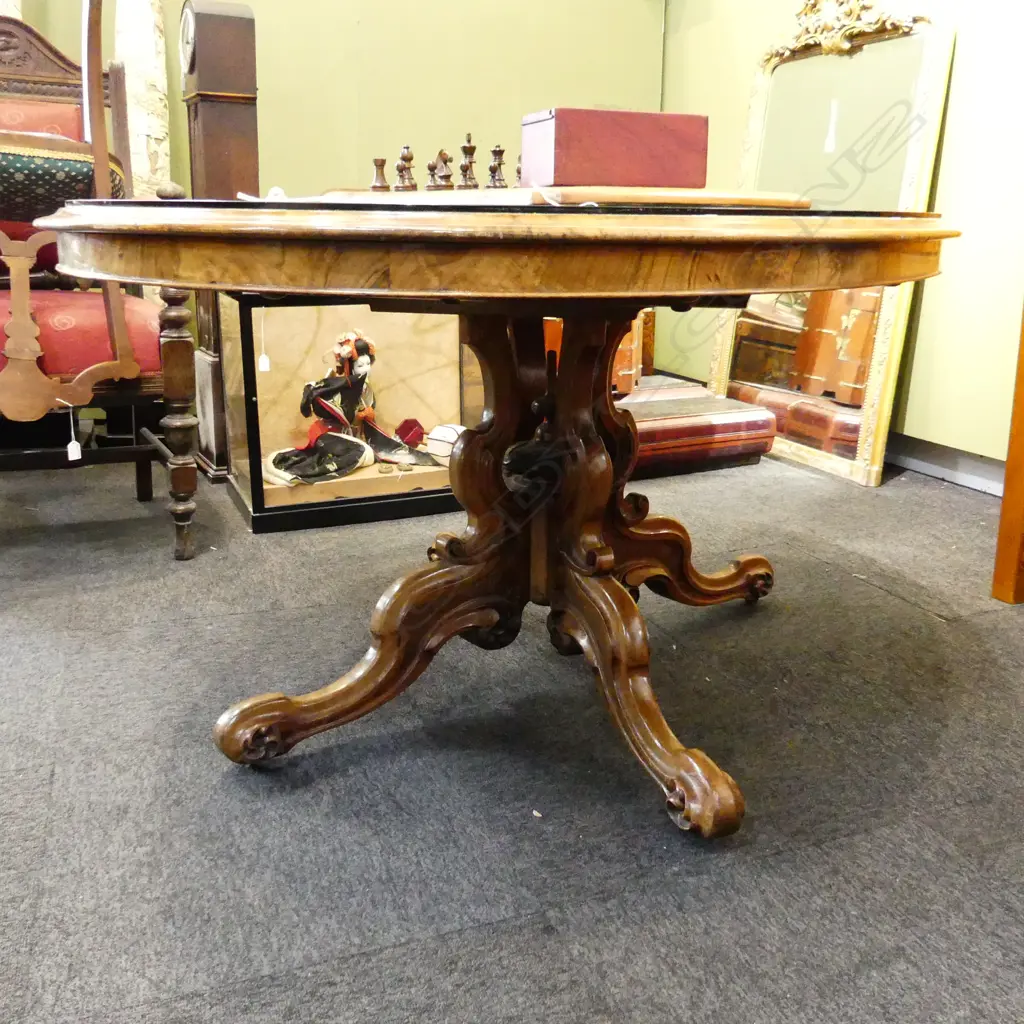 VICTORIAN WALNUT OVAL LOO TABLE ON CATHEDRAL BASE 1080x1500x730mm - GLASS TOP Image 1++
