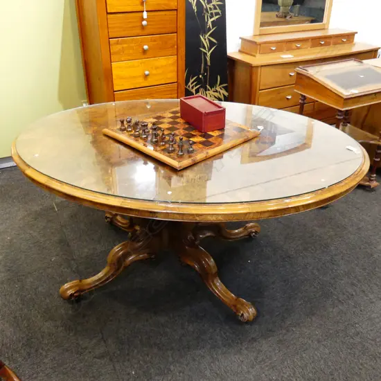 VICTORIAN WALNUT OVAL LOO TABLE ON CATHEDRAL BASE 1080x1500x730mm - GLASS TOP