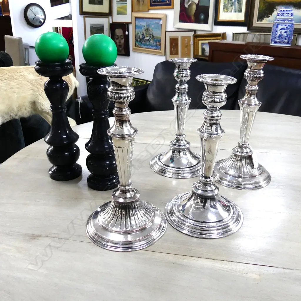 3 PRS CANDLESTICKS; 2 PRS SILVER OVER COPPER, 1 PR BLACK STONE H.270mm Image 1++