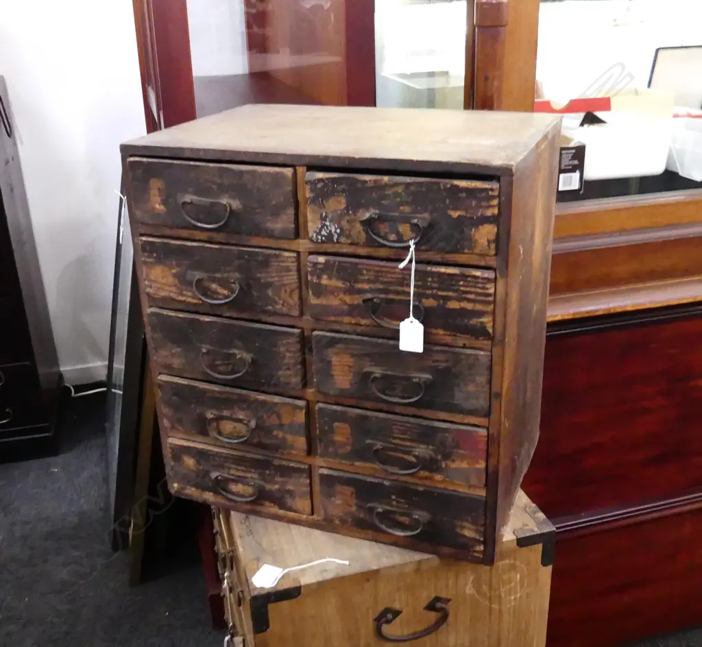 JAPANESE SMALL OLD TANSU CHEST 10 drawer rustic finish H.450mm. Image 1++