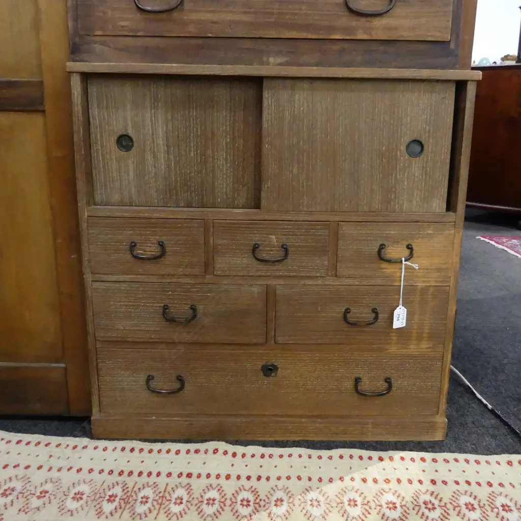 OLD JAPANESE SMALL TANSU CHEST 6 drawer + 2 door H.600mm faintly limed finish Image 1++