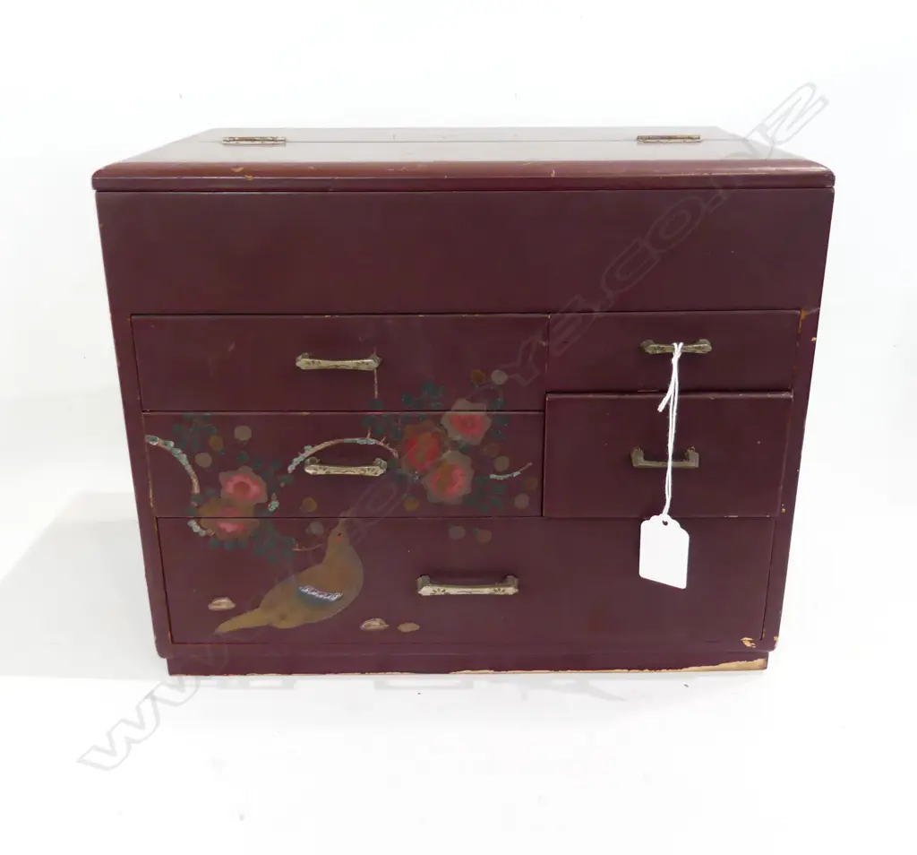 VINTAGE JAPANESE SEWING BOX dark red lacquer H.260mm Image 1++